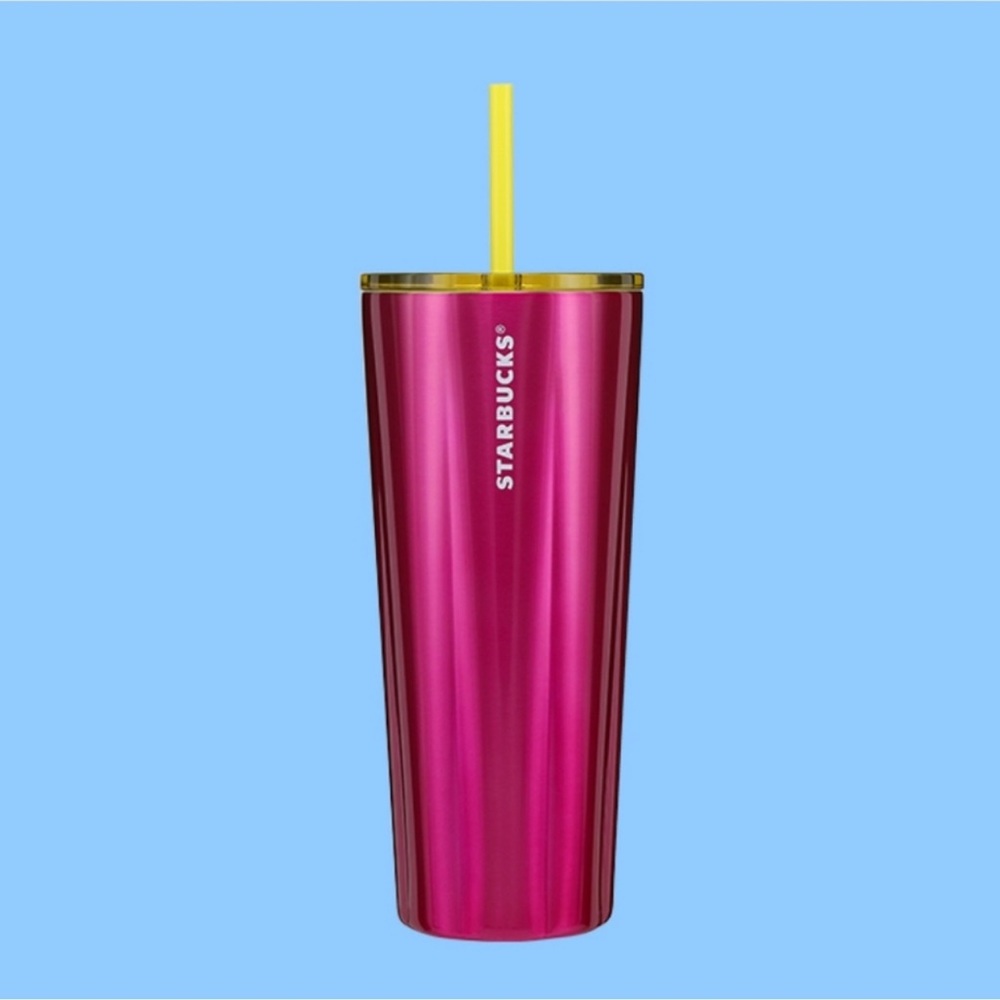 STARBUCKS Petunia Pink Stainless Steel Cold Cup w Yellow Lid & Straw - 24 oz